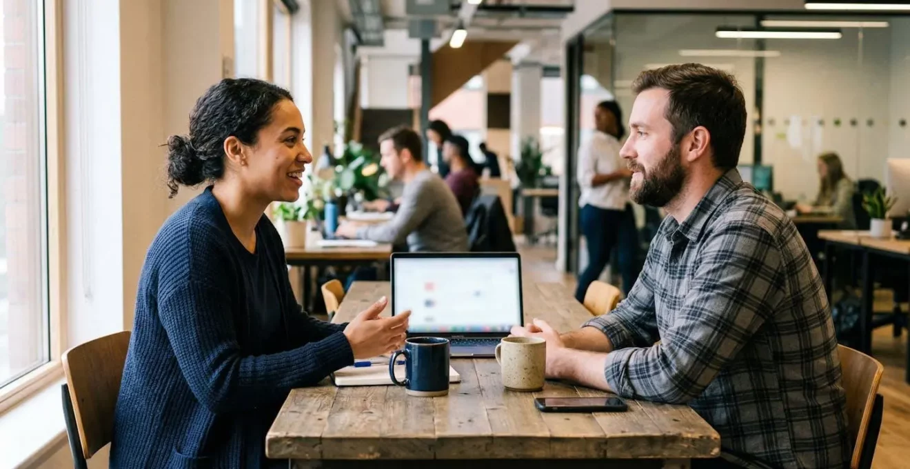 Deux personnes discutant de manière informelle dans un bureau moderne, ordinateur portable ouvert avec écran flouté, tasses de café sur la table