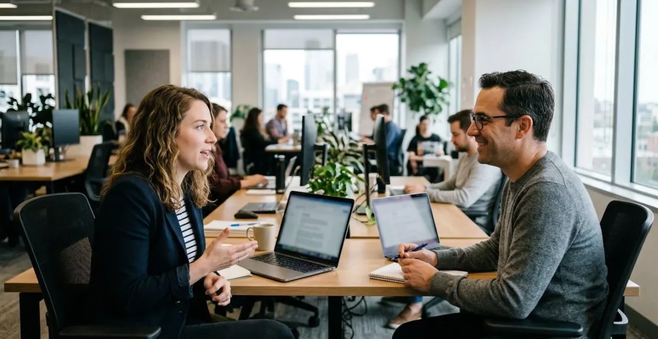 Échange professionnel informel entre deux personnes avec ordinateur portable ouvert à l'écran flouté, environnement de bureau moderne avec lumière naturelle