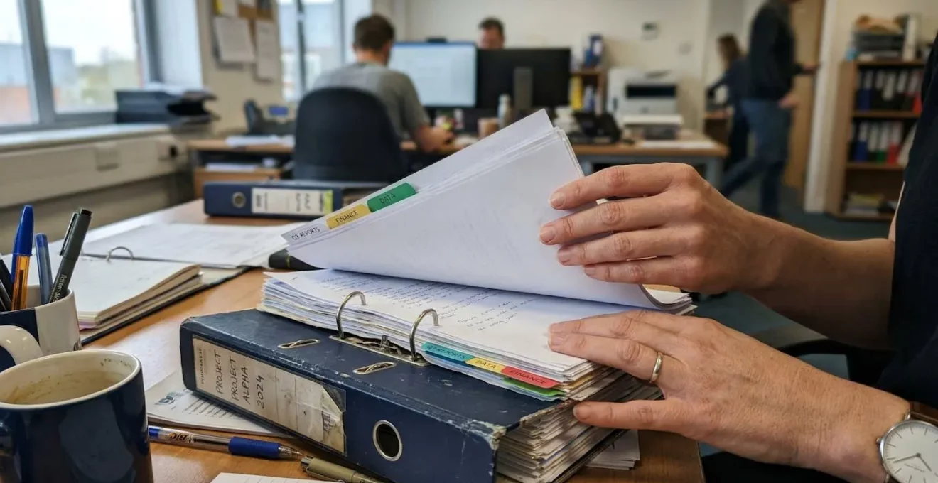 Mains d'une personne feuilletant un classeur dans un environnement de bureau, lumière naturelle, vue rapprochée