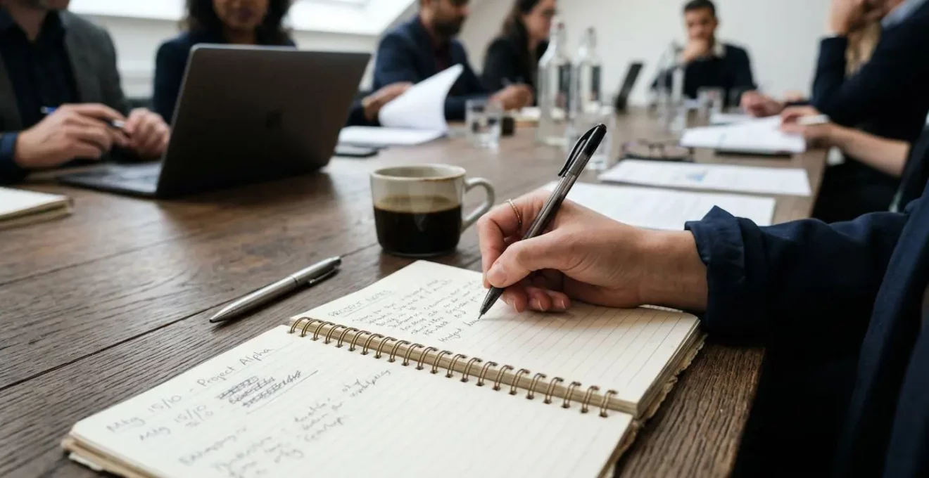 Personne prenant des notes manuscrites sur un carnet lors d'une réunion, vue plongeante sur le carnet et la main qui écrit