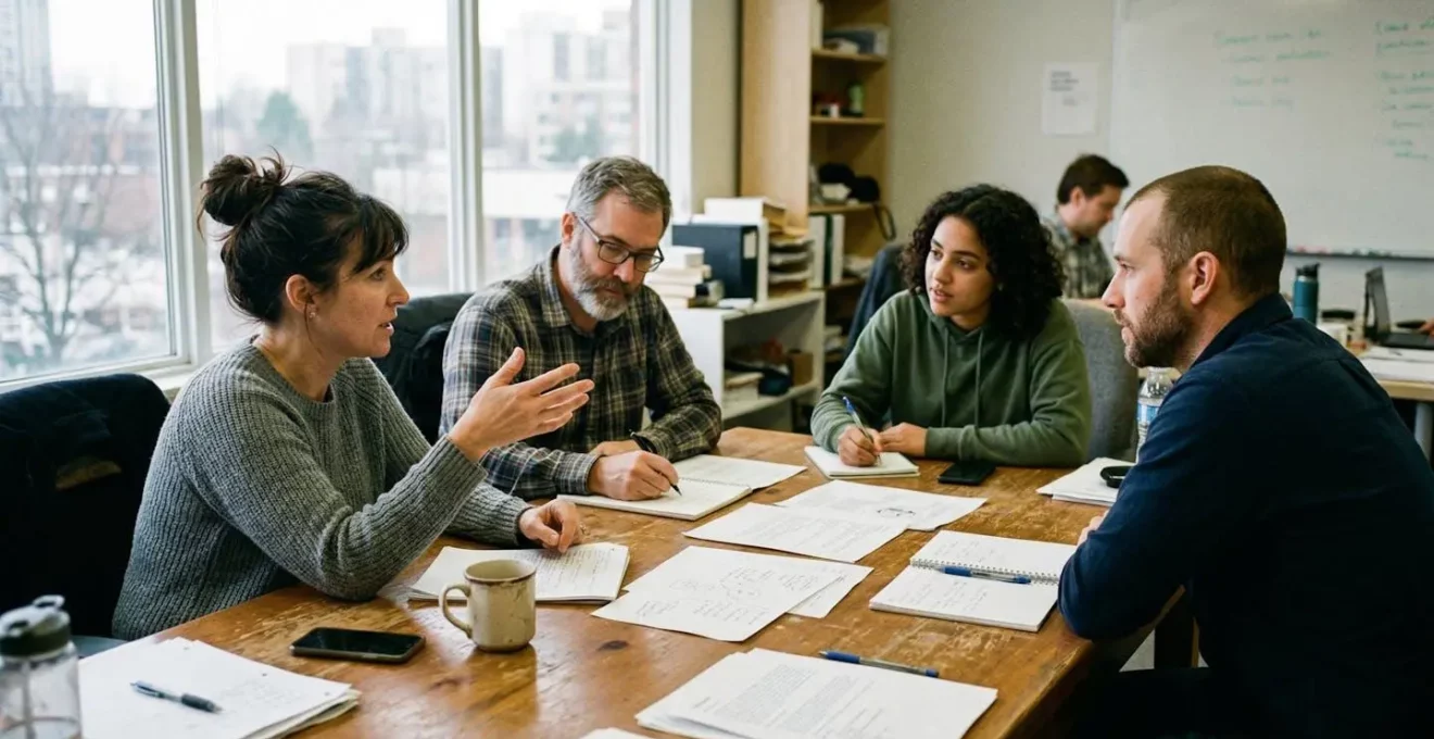 Groupe de personnes discutant autour d'une table dans une salle de réunion d'entreprise, documents éparpillés, lumière naturelle provenant des fenêtres
