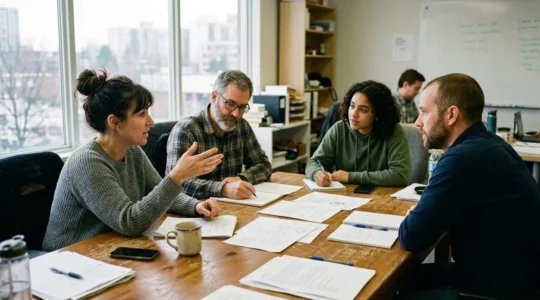 Groupe de personnes discutant autour d'une table dans une salle de réunion d'entreprise, documents éparpillés, lumière naturelle provenant des fenêtres
