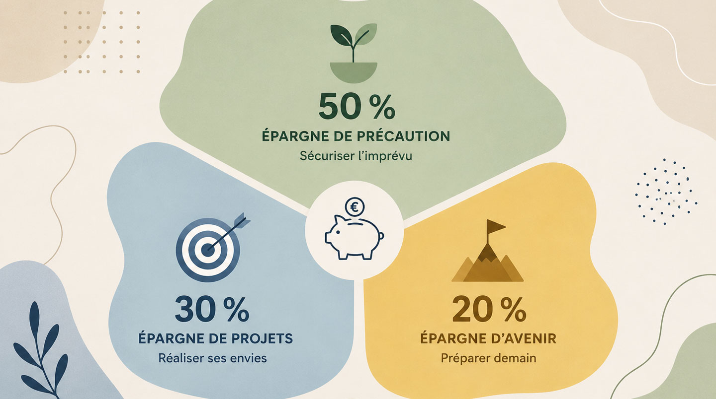 Illustration conceptuelle montrant la répartition visuelle de l'épargne entre trois enveloppes, représentée par des zones colorées sur un fond neutre avec des formes abstraites