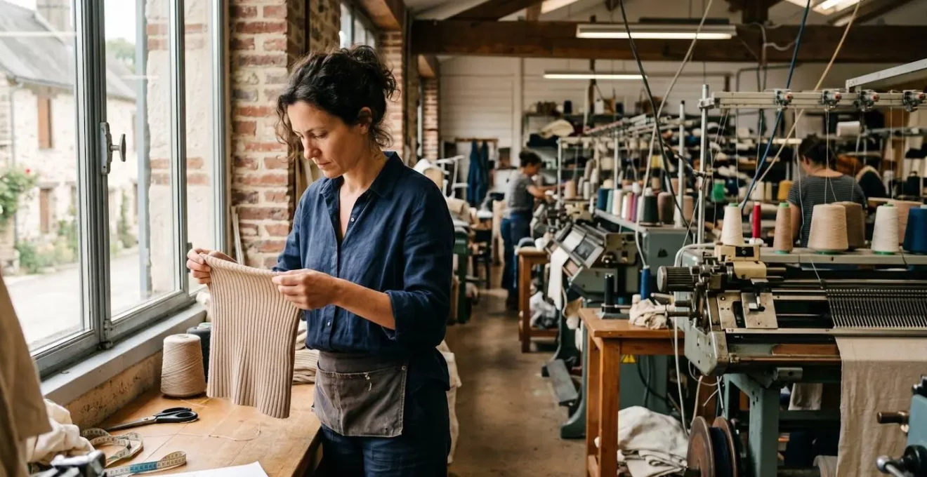 Vue d’un atelier de tricotage français avec des machines à maille et une ouvrière contrôlant la qualité d’un tissu jersey