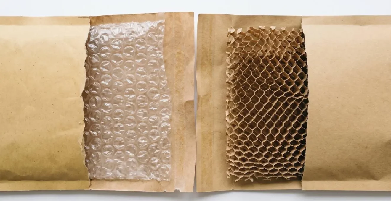 Comparaison côte à côte d'une enveloppe à bulles plastique standard et d'une enveloppe kraft avec bulles de papier