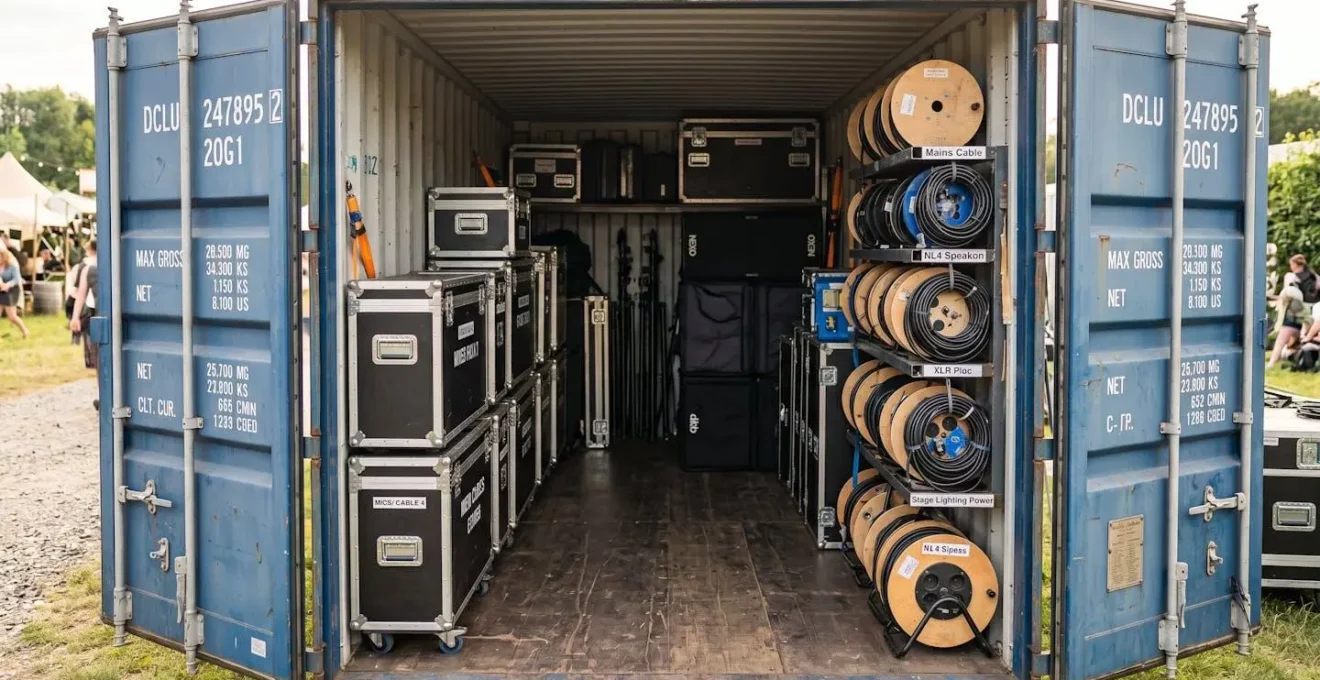 Intérieur d'un container maritime 20 pieds ouvert, utilisé comme zone de stockage de matériel son et lumière pour un festival