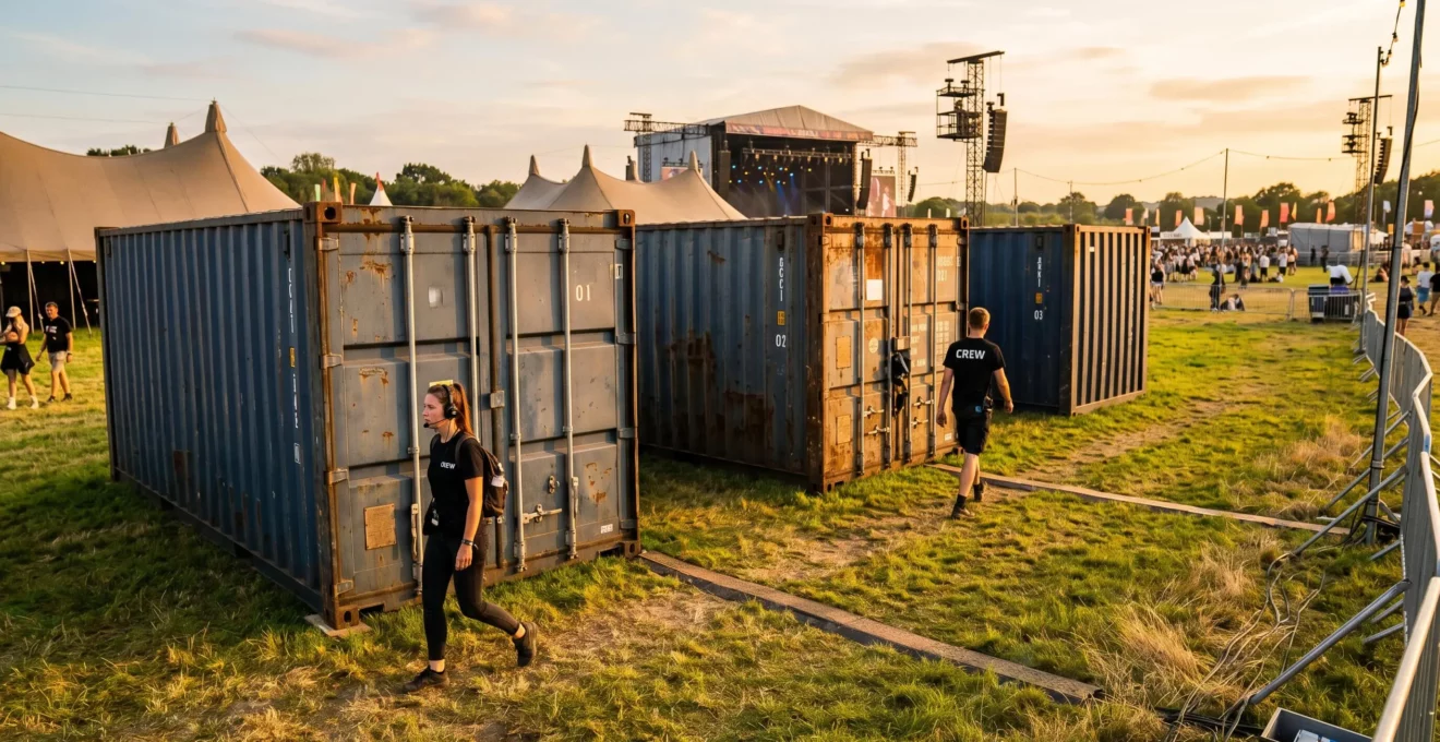 Containers maritimes 20 pieds alignés sur un site de festival outdoor, utilisés comme espaces logistiques back-office