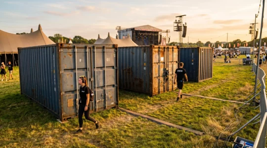 Containers maritimes 20 pieds alignés sur un site de festival outdoor, utilisés comme espaces logistiques back-office
