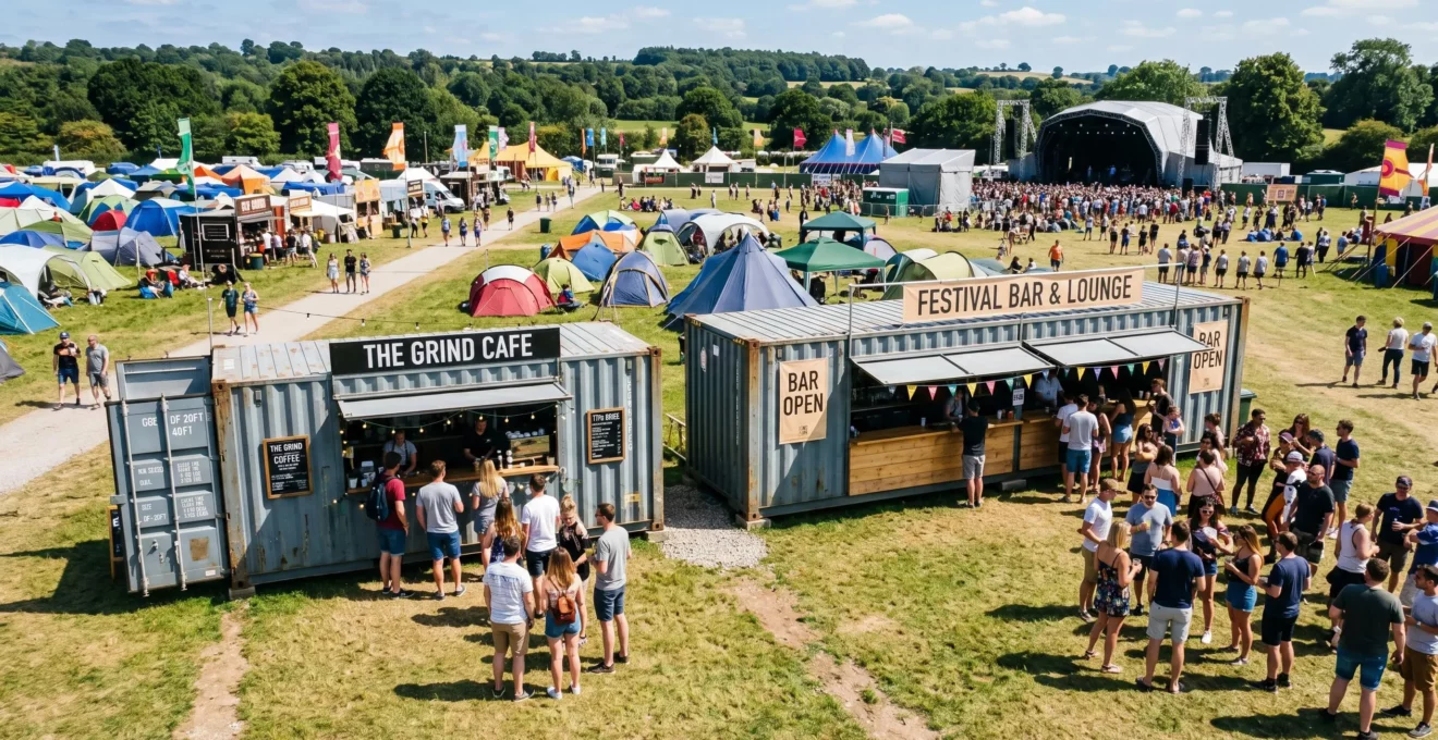 Vue comparative de containers maritimes 20 et 40 pieds sur un site événementiel, illustrant les options de modularité pour les festivals