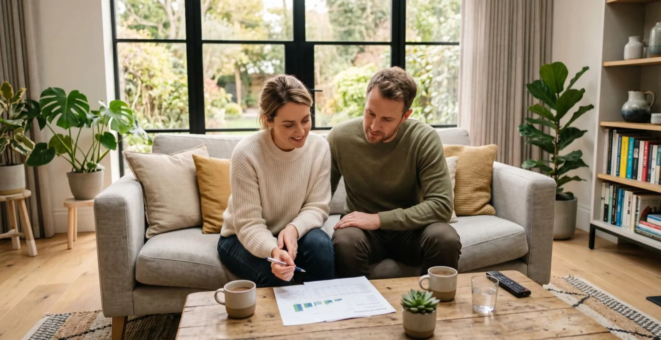 Un couple dans la trentaine, assis côte à côte dans un salon lumineux, regarde ensemble un document posé sur la table basse, dans une atmosphère détendue et concentrée