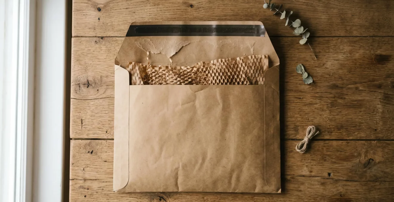 Enveloppe à bulles en kraft brun recyclable posée sur une table en bois avec des bulles de papier visibles