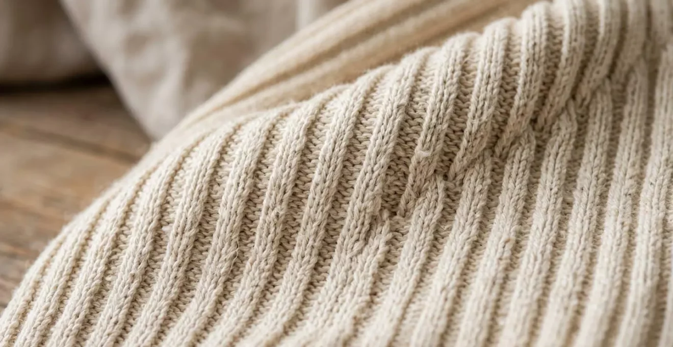 Gros plan sur une texture de maille côtelée en coton naturel non teint, détails de fils réguliers et finition soignée