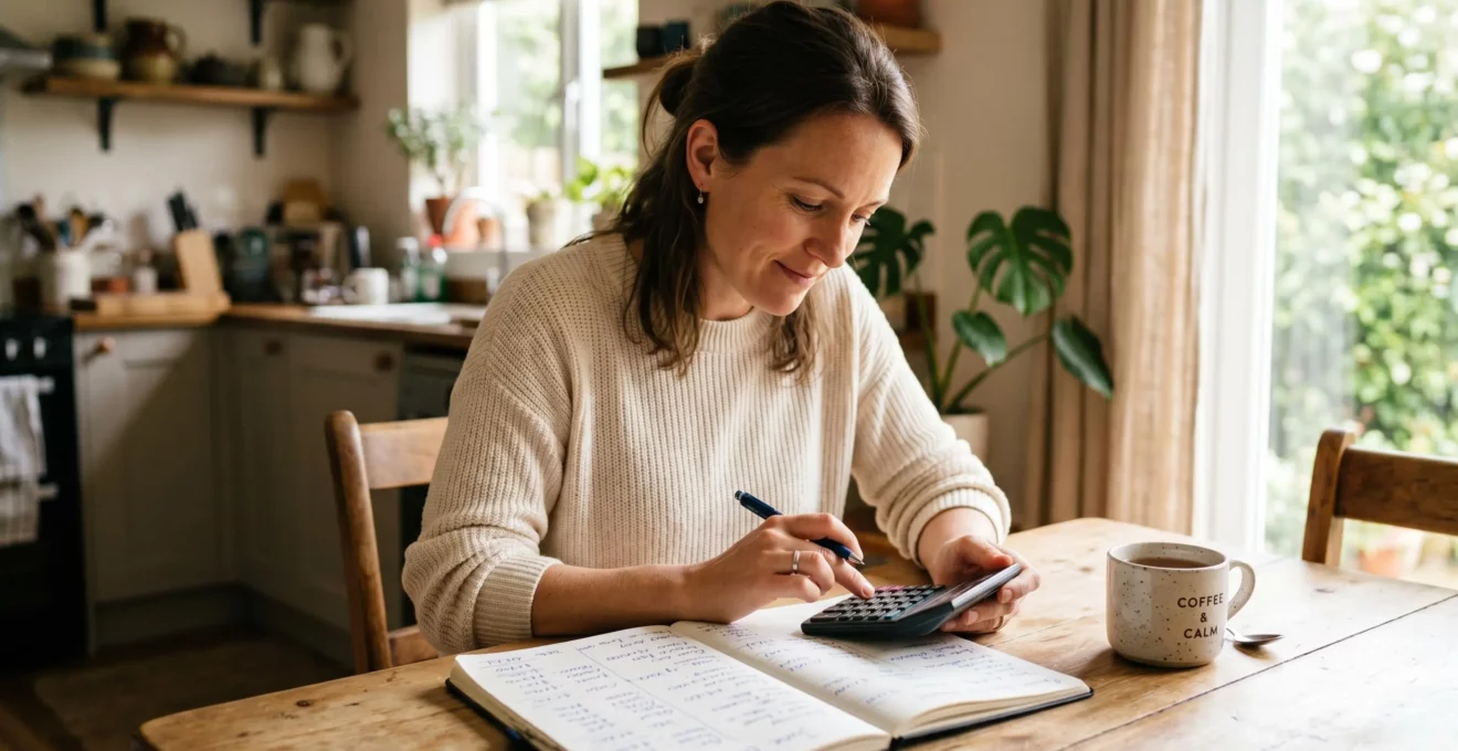 Une personne adulte, assise à une table lumineuse, examine des feuilles de budget et manipule une calculatrice, avec une tasse de café en arrière-plan