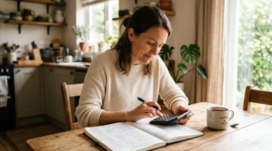 Une personne adulte, assise à une table lumineuse, examine des feuilles de budget et manipule une calculatrice, avec une tasse de café en arrière-plan