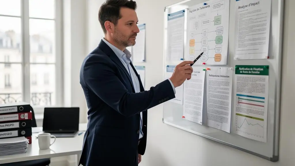 Responsable de la protection des données consultant et annotant un registre de conformité RGPD