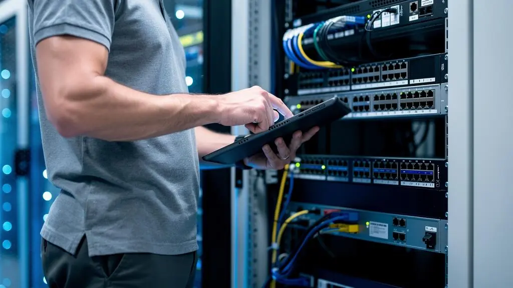 Technicien configurant des paramètres de sécurité sur un serveur dans une salle technique